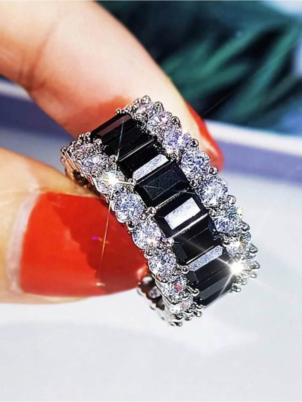 Black and Silver Eternity Band Ring with Clear Stones
